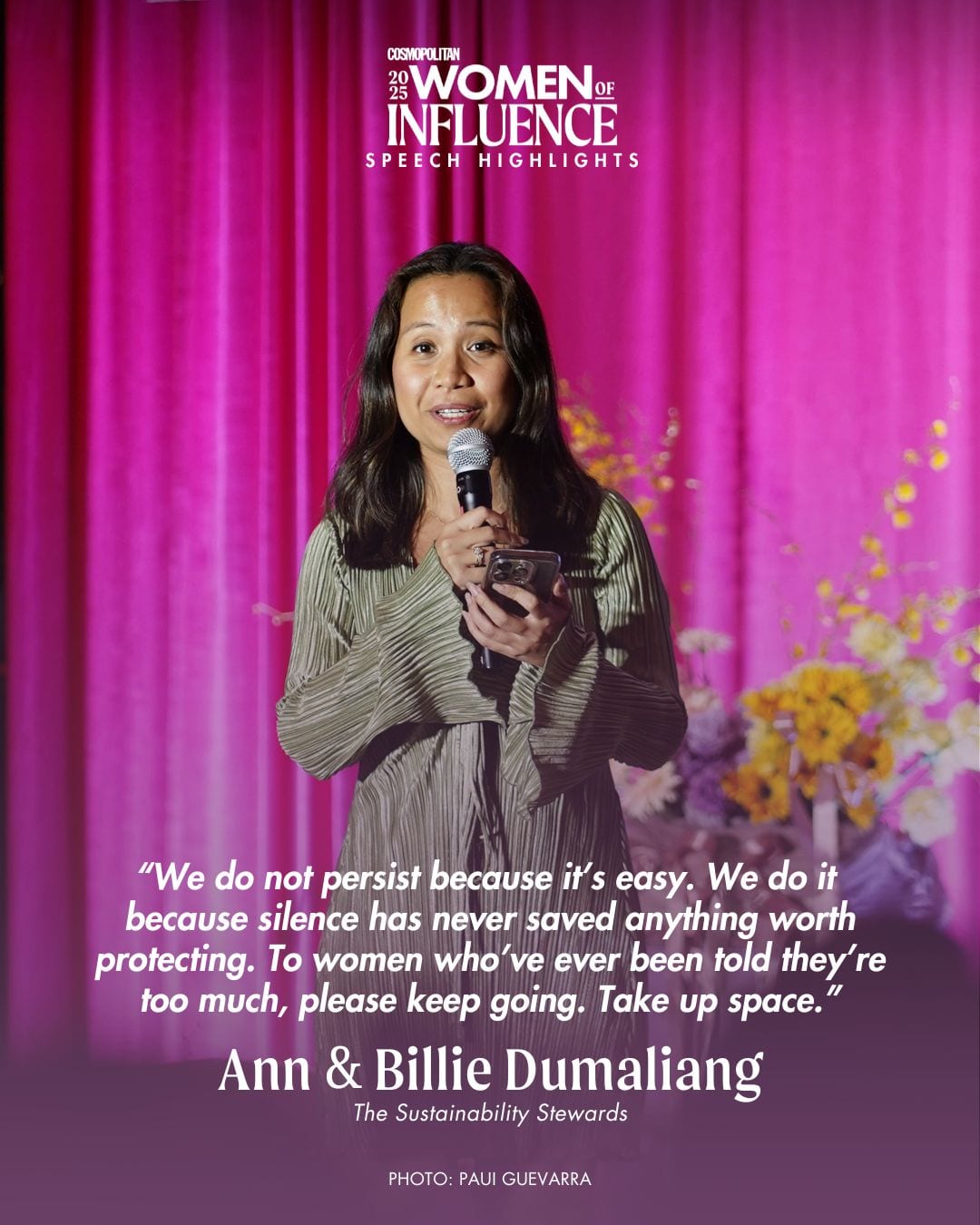 Cosmopolitan Philippines' Women of Influence 2025 awardee ann dumaliang giving her speech